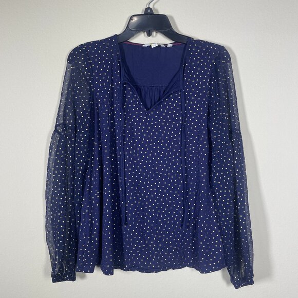 Boden Tops - Boden Women's Long Sheer Sleeve Navy Gold Polka Dot Top Blouse 2